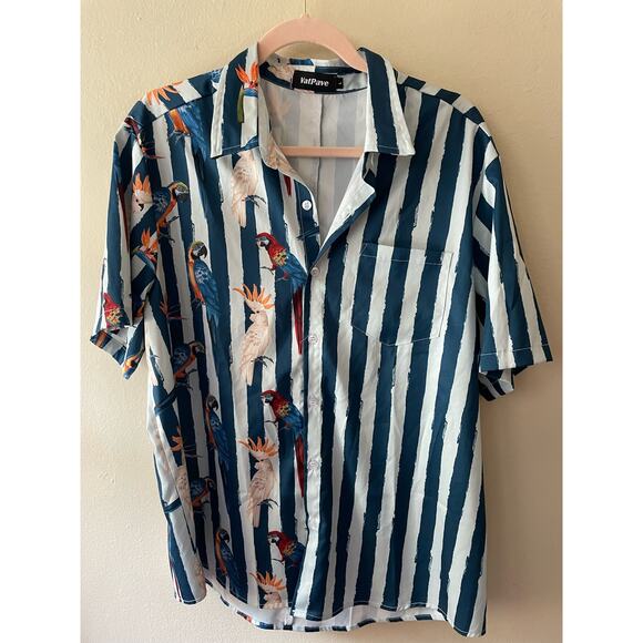 Size Large Vatpave Summer Beach Short Sleeve Shirt Parrot Stripe - Picture 1 of 6